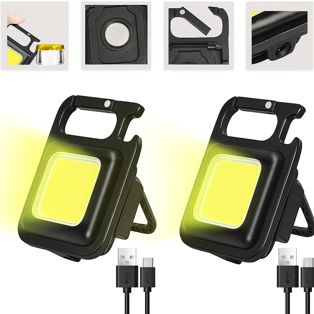 2 Pack COB Rechargeable Keychain Light Mini LED Torch Bottle Opener TYPE-C USB Cable