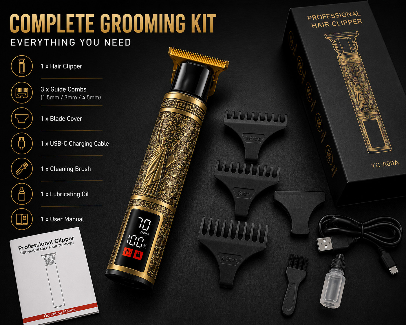 Hair Clipper Beard Trimmer Cordless LED Display USB Rechargeable Grooming Kit