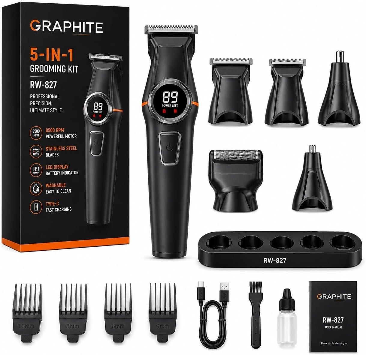 5-in-1 Professional Hair Clipper Cordless Men Trimmer Beard Rechargeable 90-Mins